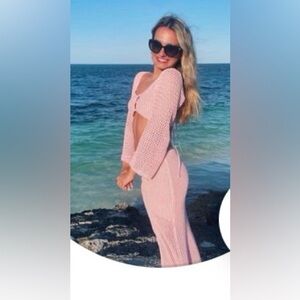 Pink Knit Sweater with Open Weave Sleeves